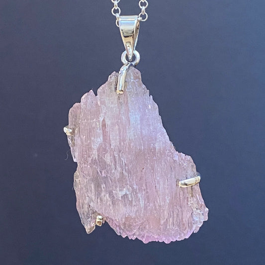 Buy Kunzite pendant raw pink gemstone sterling silver jewelry online, ethically sourced at Mystic Earth Gems